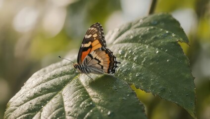 Painted Lady Butterfly Resting on a Dew-Kissed Leaf in Morning Sunlight.