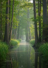 Fototapeta premium Dense, green wetlands covered in morning mist where slow-moving water channels weave through thick reeds and cypress trees in deep wilderness, serene, mist, secluded