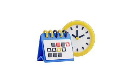 3D Rendering of a Blue Calendar and Yellow Clock Displaying Time Management and Scheduling Concepts on a Transparent Background