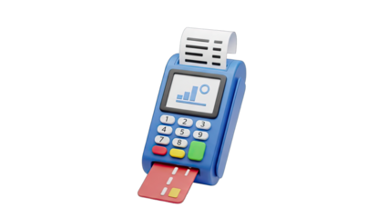 3D Rendering Of A Blue Credit Card Machine With A Receipt And Red Card Inserted Displaying A Financial Chart On Black Background In Studio Lighting