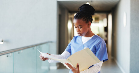 Medical records, black woman and nurse in hospital with reading for diagnosis of patient....