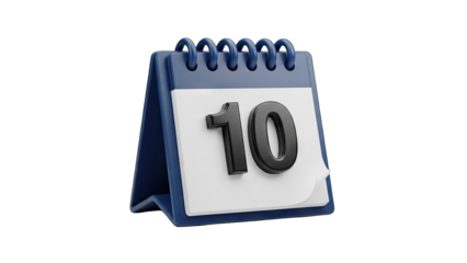 3D Rendering Of A Blue Desk Calendar Showing The Number 10 On A Transparent Background With A Minimalist Design And Simple Clean Lines.