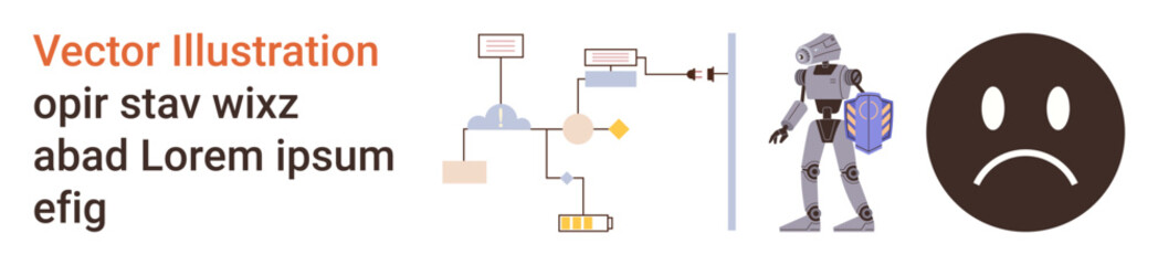 Robotics, innovation, automation, workflow processes, emotional interaction, machine learning. Diagram of system process, robot and sad face. Robotics and innovation