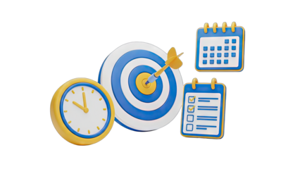 3D Rendering of a Business Strategy Concept Featuring a Dartboard with Arrow Clock and Calendar with Checklist on Transparent Background Vibrant Blue and Yellow Colors