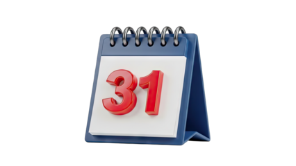 3D Rendering of a Desk Calendar Open to the 31st Day Featuring a Red Bold Number 31 on White Paper with a Blue Binder and Silver Spiral Binding Isolated on a Transparent Background