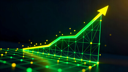 Digital growth chart upward arrow neon line graph data visualization success finance technology trend analysis progress future investment profit metric analysis abstract concept