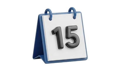 3D Rendering of a Desk Calendar Showing the 15th Day with a White Page and Blue Base Isolated on Transparent Background