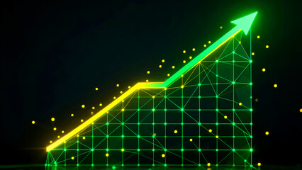 Digital growth chart with upward trending neon arrow over a glowing green grid representing financial success data analysis technology progress and future investment trajectory visualization