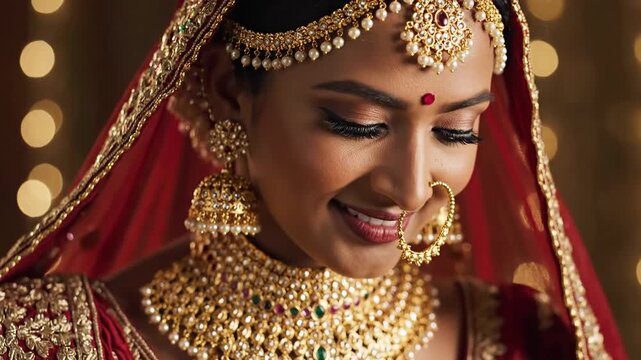 Beautiful Indian Bride Smiling Wearing Traditional Red Attire and Gold Jewelry
