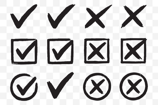 Brush, marker drawn check mark and cross icon set Collection of hand drawn drawn tick symbol, chalk checkmark illustration. Check mark grunge icon set. Hand drawn check tick mark icon set. x marks set