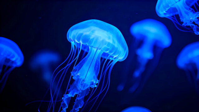 Bioluminescent jellyfish glowing blue in dark ocean water marine life deep sea creature ethereal underwater animal vibrant aquatic organism glowing tentacles mesmerizing natural beauty aquarium displa