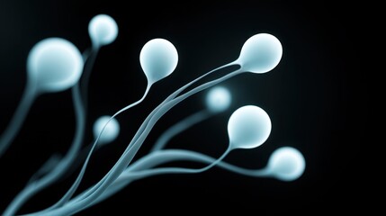 Artistic representation of glowing spherical forms resembling spermatazoa on a dark background highlighting fluid motion and abstract beauty in biology
