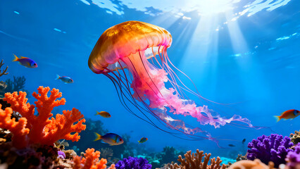 Jellyfish swimming near vibrant coral reef with sun rays piercing deep blue ocean water and small tropical fish swimming below the surface in a stunning underwater ecosystem scene