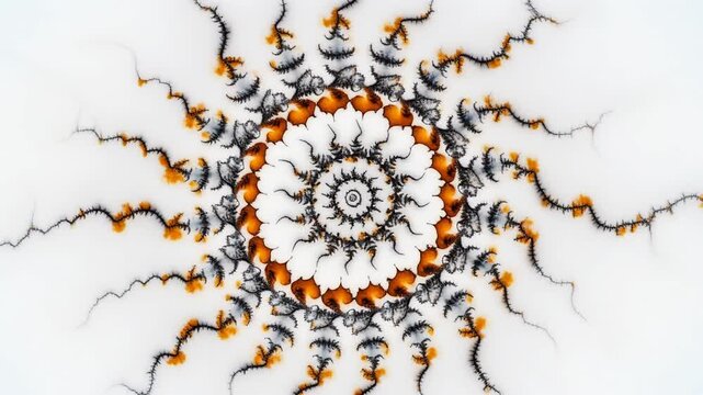 Dynamic fractal art with radiating orange and black geometric patterns on a pristine white background, creating an intricate abstract digital sunburst