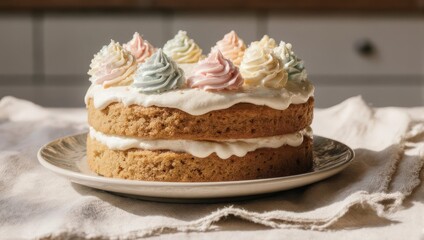 Delicious homemade two-tier cake with colorful frosting on a plate.