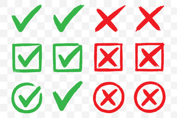 Brush, marker drawn check mark and cross icon set Collection of hand drawn drawn tick symbol, chalk checkmark illustration. Check mark grunge icon set. Hand drawn check tick mark icon set. x marks set