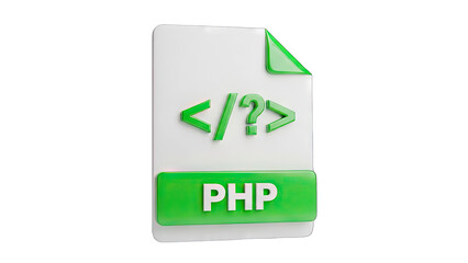 3D Rendering of a PHP File Icon with Green Accents and Code Symbols on a Transparent Background Representing Programming and Development