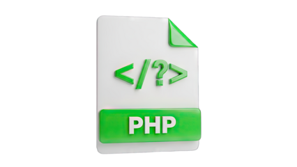 3D Rendering of a PHP File Icon with Green Accents and Code Symbols on a Transparent Background Representing Programming and Development