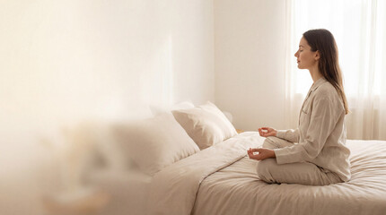 Young woman practices meditation on bed, morning meditation ritual in soft light, meditation supporting calm mind and inner balance, perfect for mental health day or mindfulness campaign, cozy theme