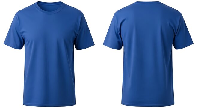 Blank royal blue shortsleeve crew neck tshirt, front and back, ideal for custom design mockups, isolated on white background