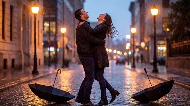 Couple laughs together in rain, couple holds close on city street as umbrellas fall aside, couple moment in lights perfect for valentines day campaign or anniversary love story, cinematic mood