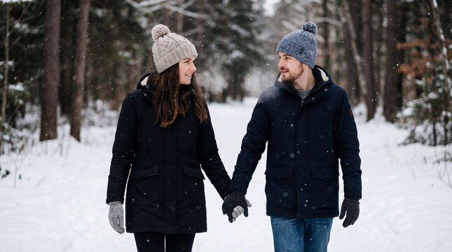 Winter couple walks hand in snow. Couple enjoys quiet forest path during gentle snowfall, couple portrait perfect for valentines day greeting, winter engagement story, cozy romance vibe - Powered by Adobe