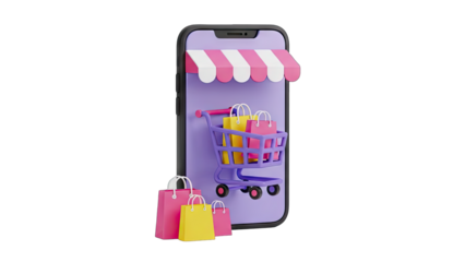 3D rendering of a smartphone displaying a storefront with a shopping cart and colorful bags suggesting online shopping and e-commerce convenience on a transparent background