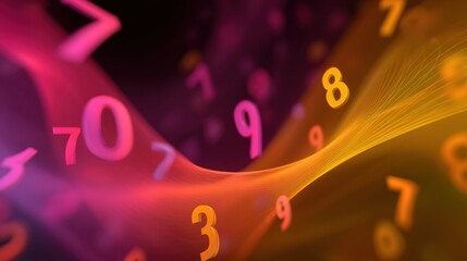 Colorful Flow of Numbers in Digital Space with a Blend of Purple, Orange and Yellow Hues, Representing Data and Technology Concepts