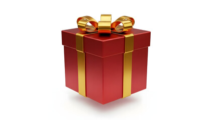 Red gift box with gold ribbon and bow on white background, symbolizing luxury and celebration