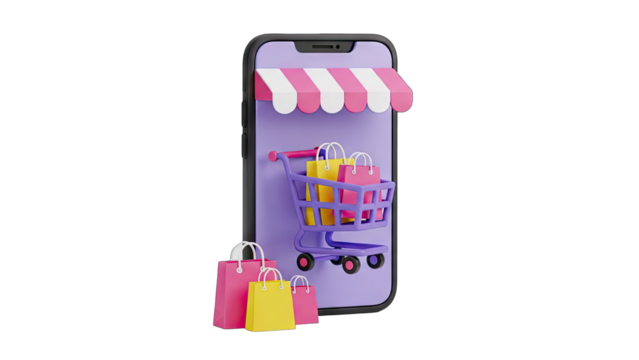 3D rendering of a smartphone displaying a storefront with a shopping cart and colorful bags suggesting online shopping and e-commerce convenience on a transparent background - Powered by Adobe