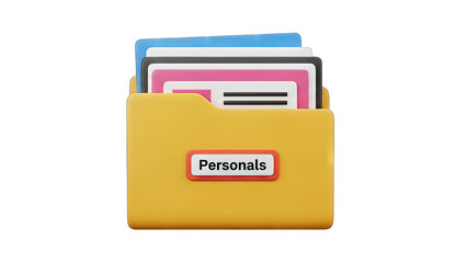 A 3D Rendered Yellow Folder Labeled Personals With Stacked Documents Inside Featuring Pink Blue and White Paper on a Transparent Background