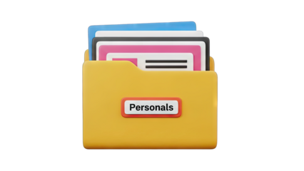 A 3D Rendered Yellow Folder Labeled Personals With Stacked Documents Inside Featuring Pink Blue and White Paper on a Transparent Background