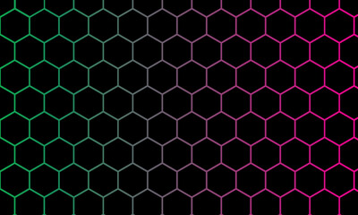 Abstract Neon Hexagon Grid Background with Blue and Red Gradient Light Effects for Technology and Gaming Design