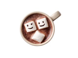 Chocolate drink with smiling marshmallow faces cocoa beverage, Isolated, Png Transparent Background