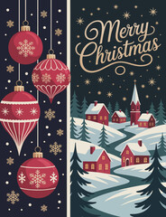 Merry Christmas Greeting Card Illustration With Festive Balls And Snowy Winter Village In Vintage Holiday Background Style