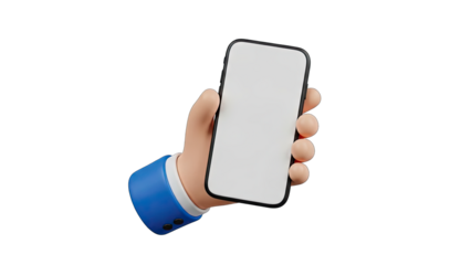3D Rendered Hand Holding a Smartphone With a Blank White Screen Against a Transparent Background Ideal for Mockups and Presentations