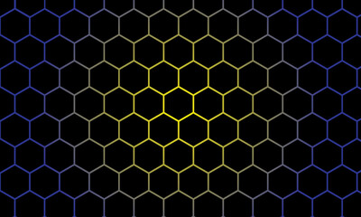 Abstract Neon Hexagon Grid Background with Blue and Red Gradient Light Effects for Technology and Gaming Design
