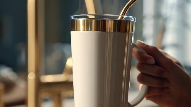 Close-up Video of a White Stainless Steel Cup with Gold Rim and Straw Being Held and Touched in a