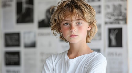 Fototapeta premium climate anxiety youth portrait concept. Young boy with tousled hair, looking thoughtfully at the camera.