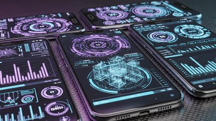 Multiple smartphones displaying futuristic holographic data and analytics interfaces - Powered by Adobe