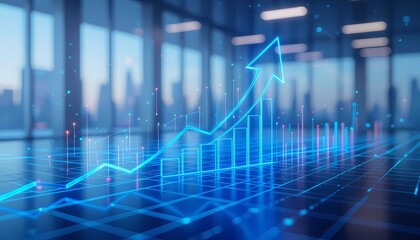 Glowing blue arrow rising over financial charts showing futuristic business growth