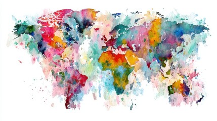 Colorful watercolor world map with abstract artistic design and vibrant global representation International Public Domain Day