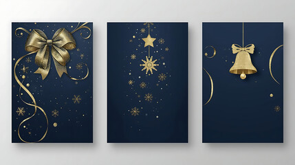 Elegant dark blue Christmas cards with gold ornaments and sparkles