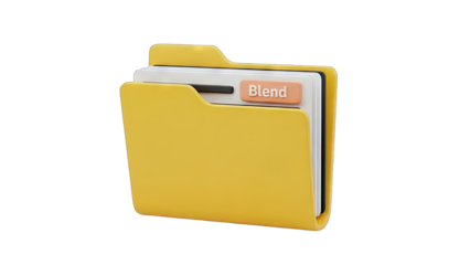 3D Yellow Folder Icon with Paper Documents and 'Blend' Label on Transparent Background Representing Organization and Data Storage