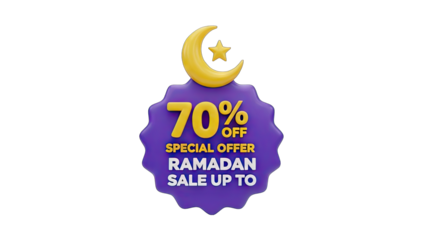 70 Percent Off Special Offer Ramadan Sale Crescent Moon Star Islamic Symbol Purple Badge Transparent Background