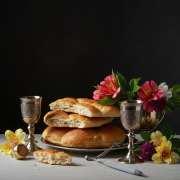 Festive springtime arrangement for the Jewish holiday, showcasing unleavened bread, polished goblets, and vibrant blooms, matzah, centerpiece, wooden table
