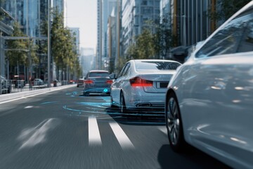 Autonomous self-driving car navigating through a smart city environment with advanced technology on display