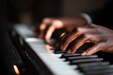 Fototapeta premium Male musician creates music using a midi keyboard and laptop during recording session in a cozy studio environment
