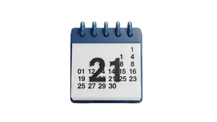 A 3D Calendar Icon Showing The 21st Day Of The Month With A Transparent Background And Blue Binding