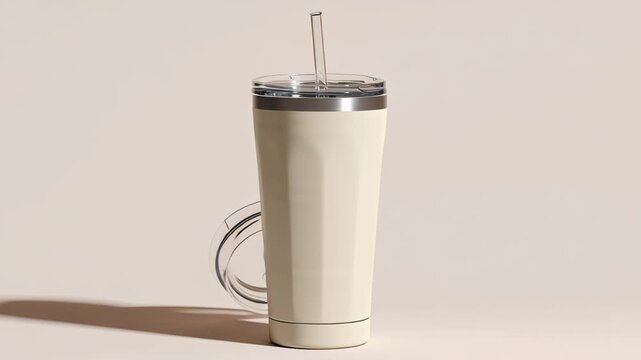 Sequence of a beige tumblers with metallic lids and straws shown from different angles and positions